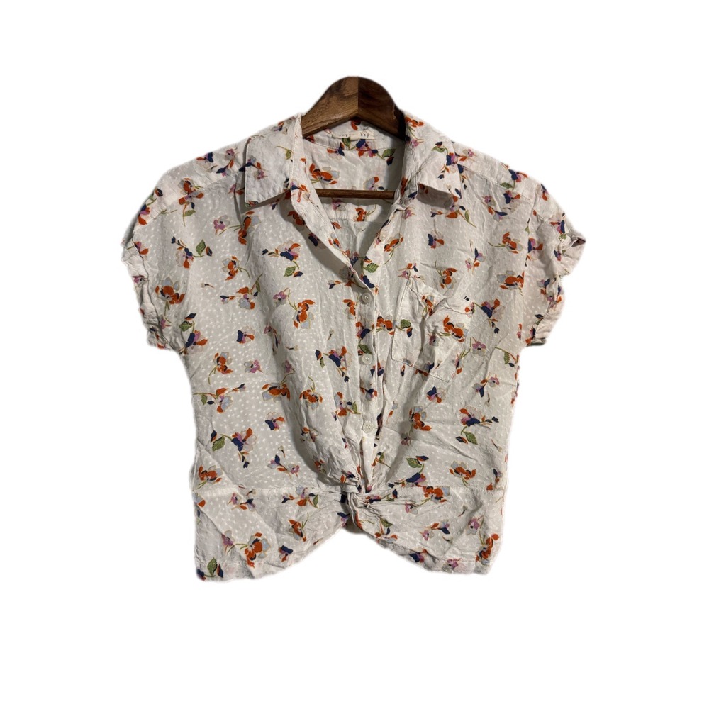 Copper Key Floral ButtonUp Top Women S White Knot Front Rayon Short Sleeve Shirt
